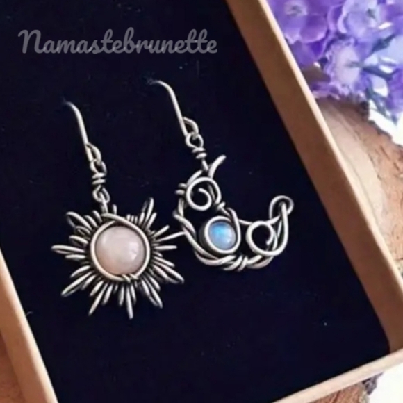 Sun & Moon Silver Wire Wrapped Stone Dangle Drop Earrings - Picture 3 of 15